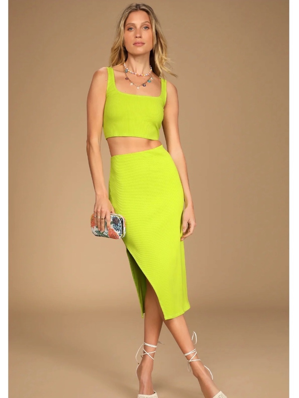 NWOT Lulus Set For Life Lime Green Ribbed Bodycon Skirt Set S